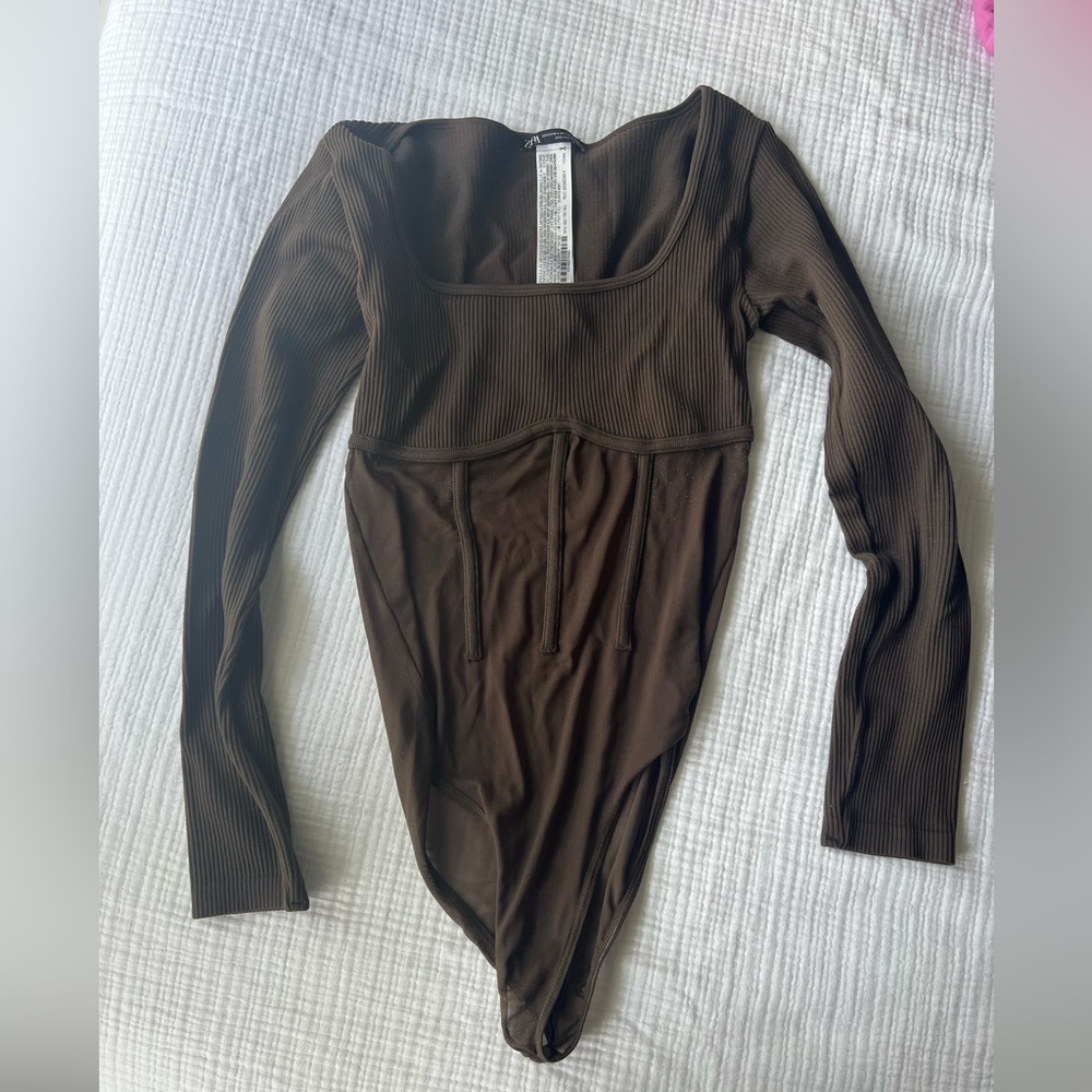 ZARA chocolate brown mesh/corset body suit, size medium worn 1x